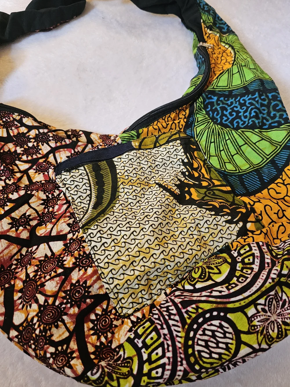 Colorful Boho Patchwork Hobo Bag in Green, Yellow and Black